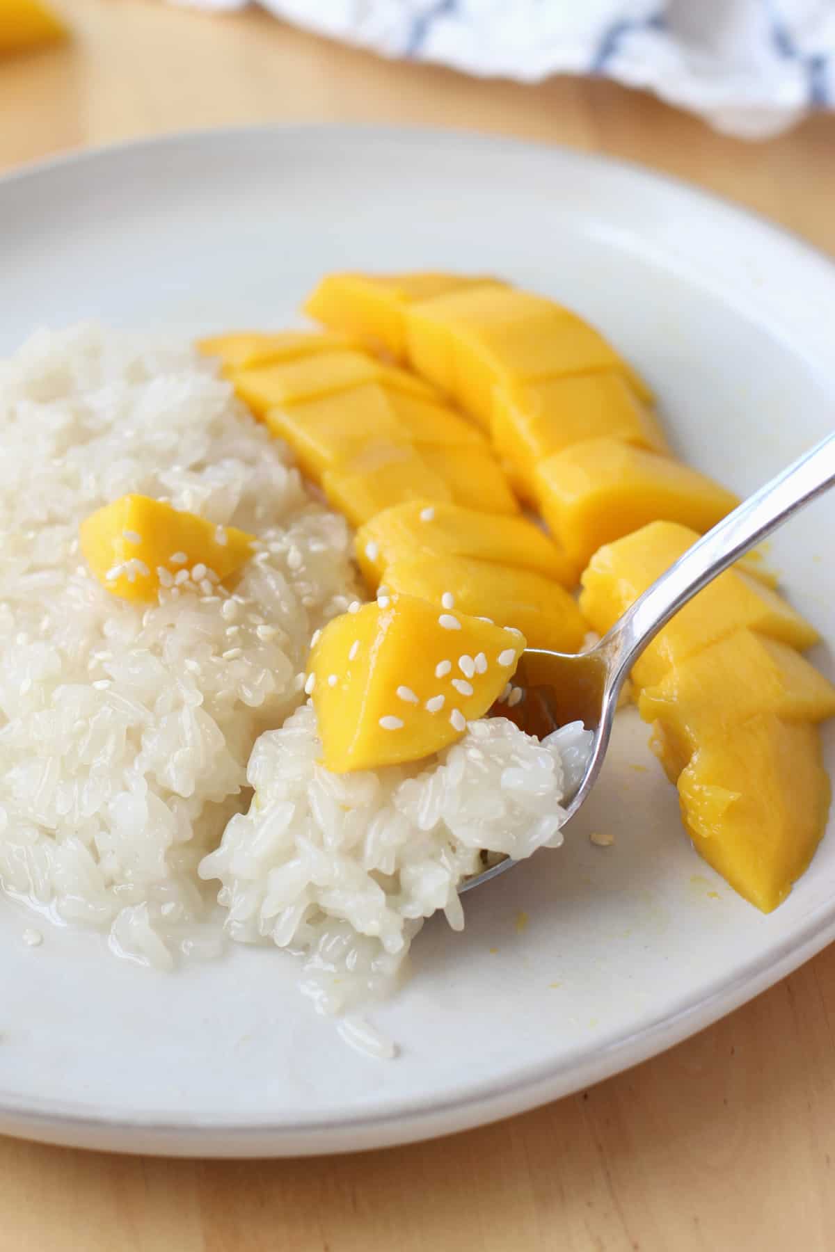 Using a spoon to grab a bite of sweet sticky rice with some mangoes on it