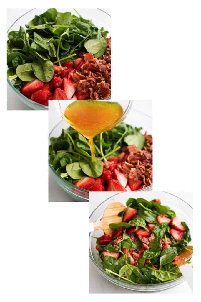Pouring dressing into a bowl of spinach, strawberries and bacon, then tossing salad in dressing