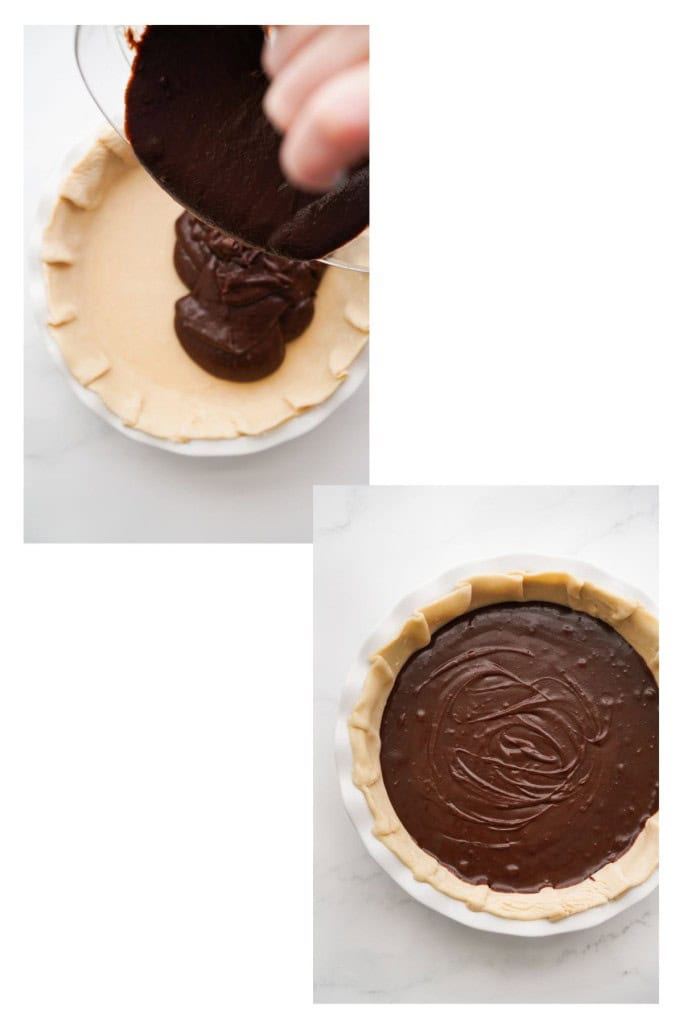 Pouring chocolate filling  into unbaked pie crust