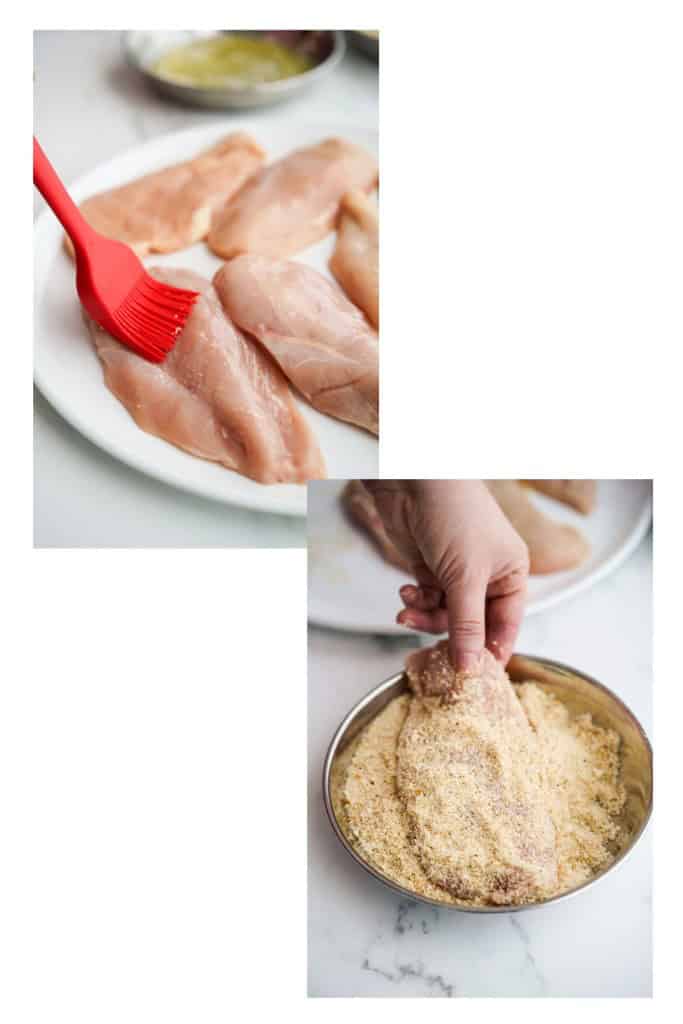 Brushing chicken cutlets with melted butter than coating them in breadcrumb and parmesan mixture