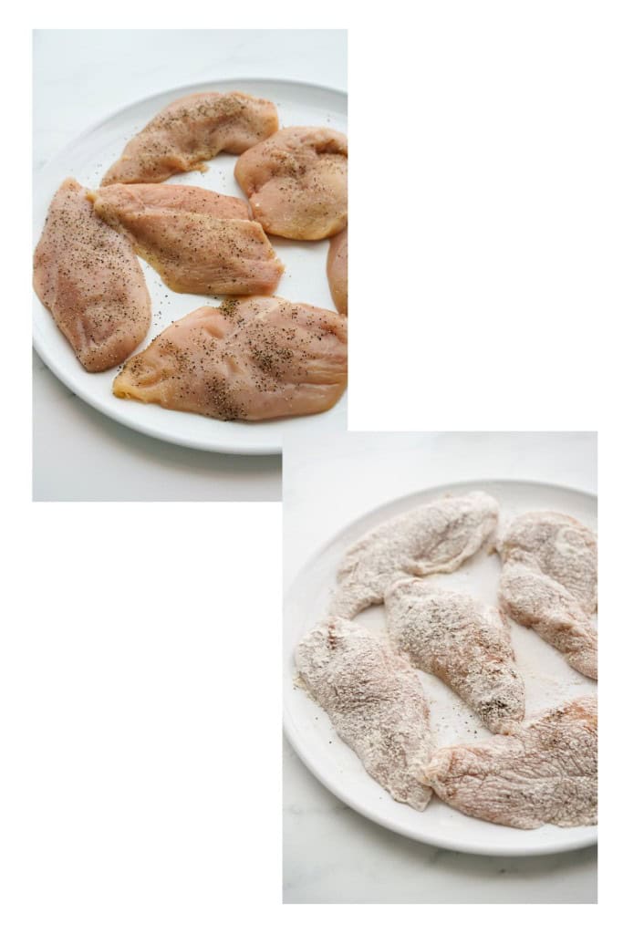 Seasoning chicken cutlets with salt and black pepper, then drenching in flour