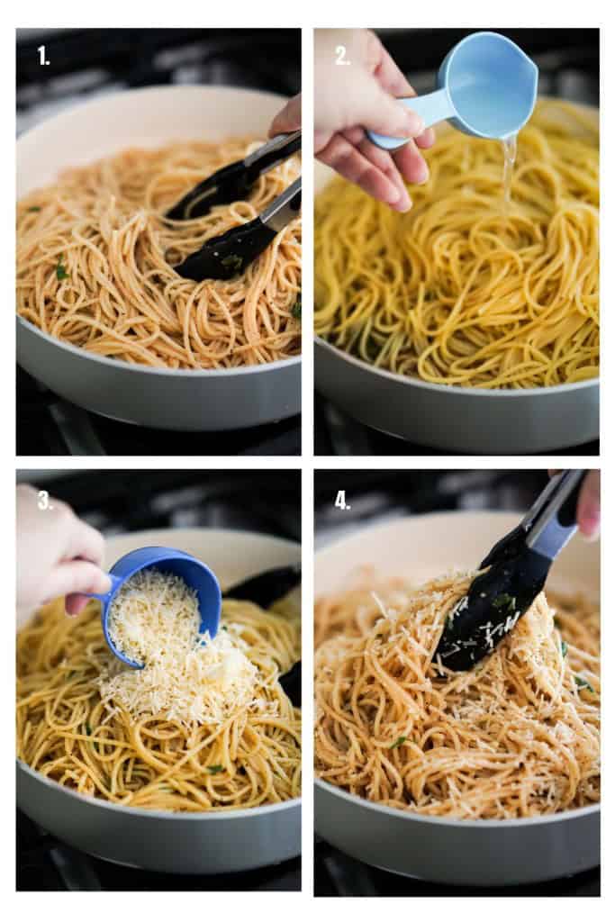 Tossing spaghetti in brown butter sage sauce, then adding parmesan cheese, and giving it another toss using tongs.