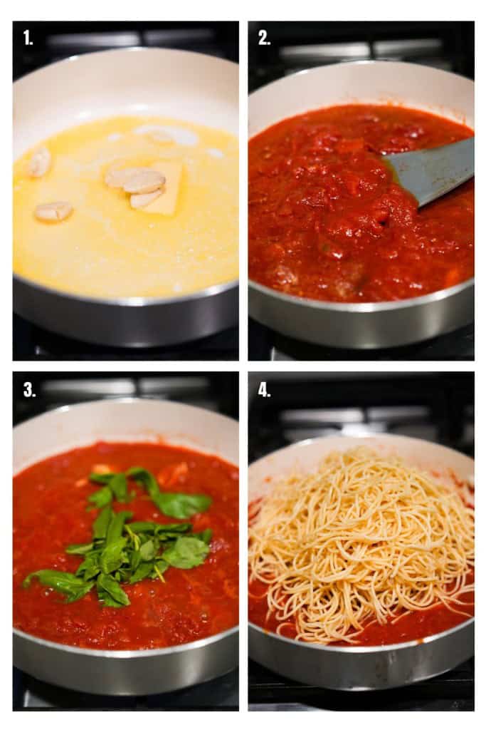 In a skillet, melt butter and sear garlic, then add whole peeled tomatoes, break it down, add basil, then toss spaghetti in sauce