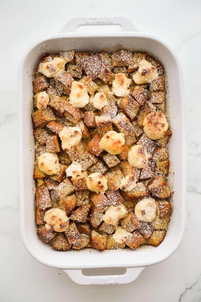 French toast bake topped with cream cheese