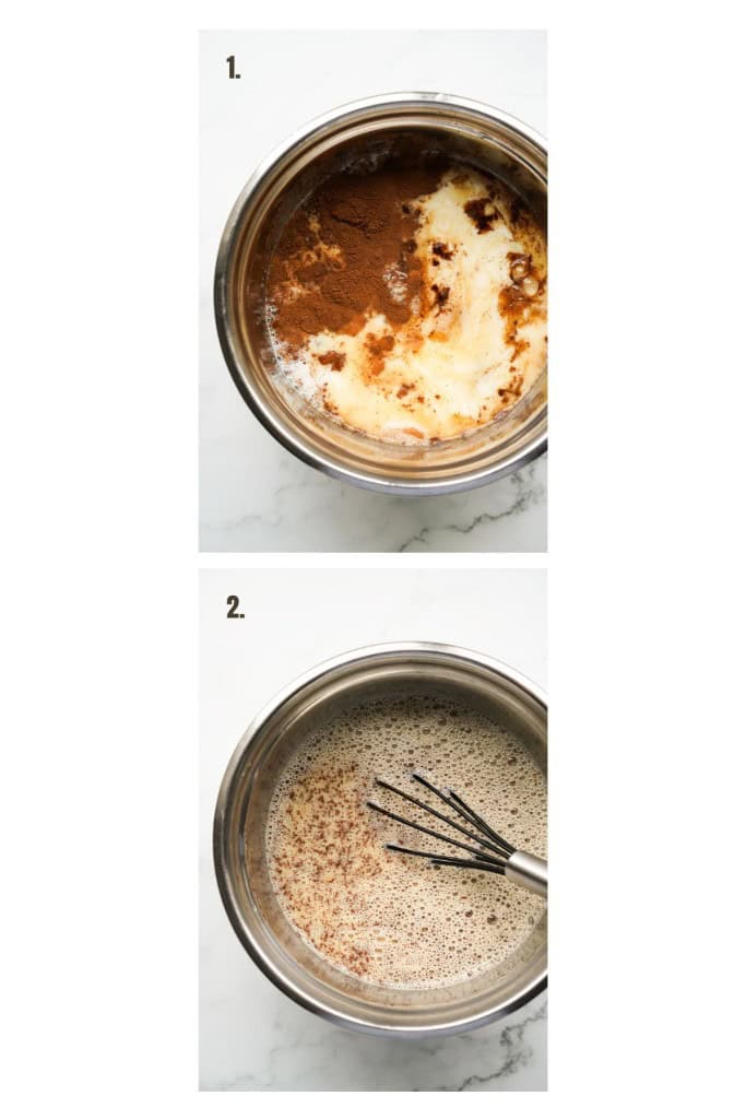 Eggs, milk, brown sugar, and vanilla extract in a bowl before and after whisking