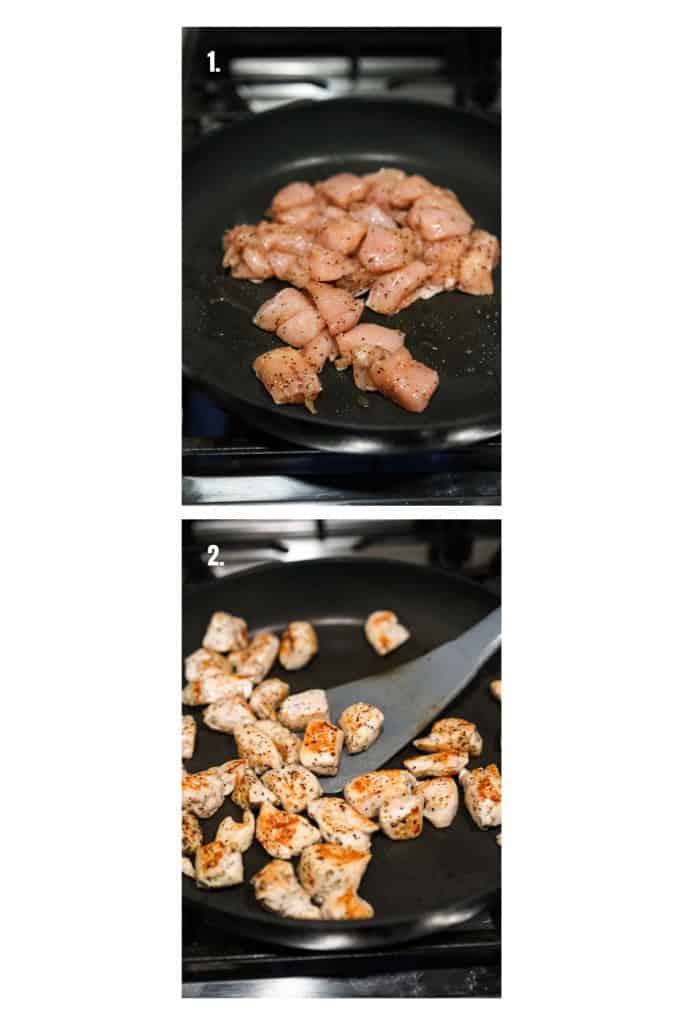 searing raw chicken on a skillet until it is browned