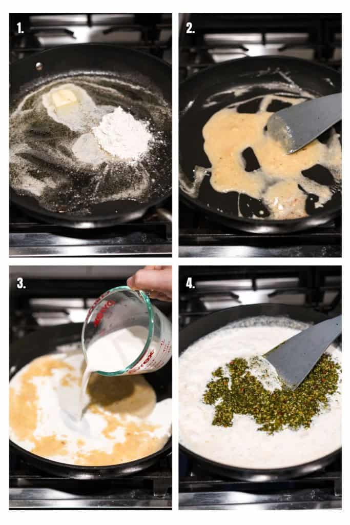 Combining flour and melted butter in a skillet to make a roux, then adding half and half and pesto