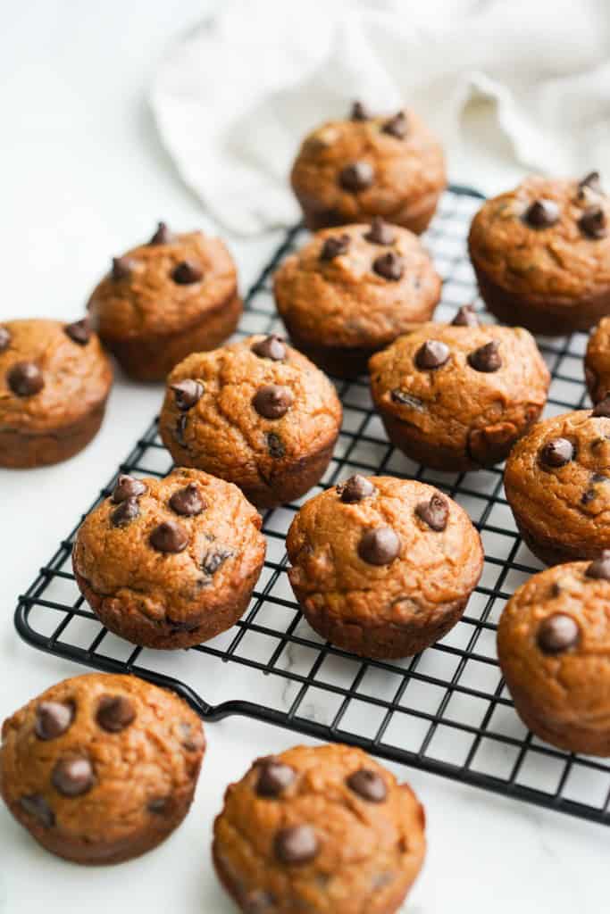 Pumpkin muffins with chocolate chips on top on baking rack