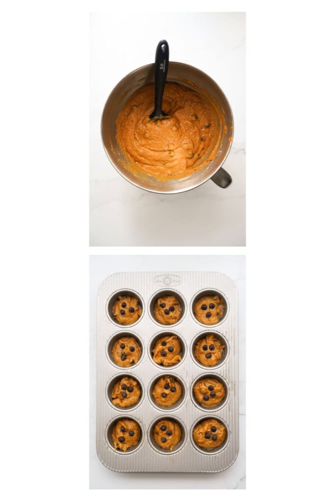 pumpkin batter in a mixing bowl, and diving it up into 12 muffin cups